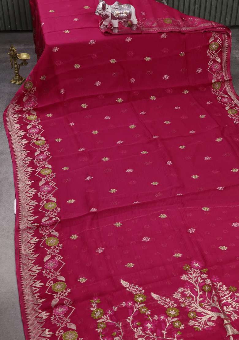 Silk Kota Cotton Saree Pink With Allover Thread Zari Woven Buttas And Zari Woven Border With Buttas And Brocade Design For Women - Indya