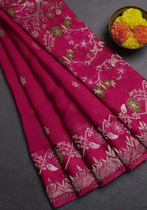 Silk Kota Cotton Saree Pink With Allover Thread Zari Woven Buttas And Zari Woven Border With Buttas And Brocade Design For Women