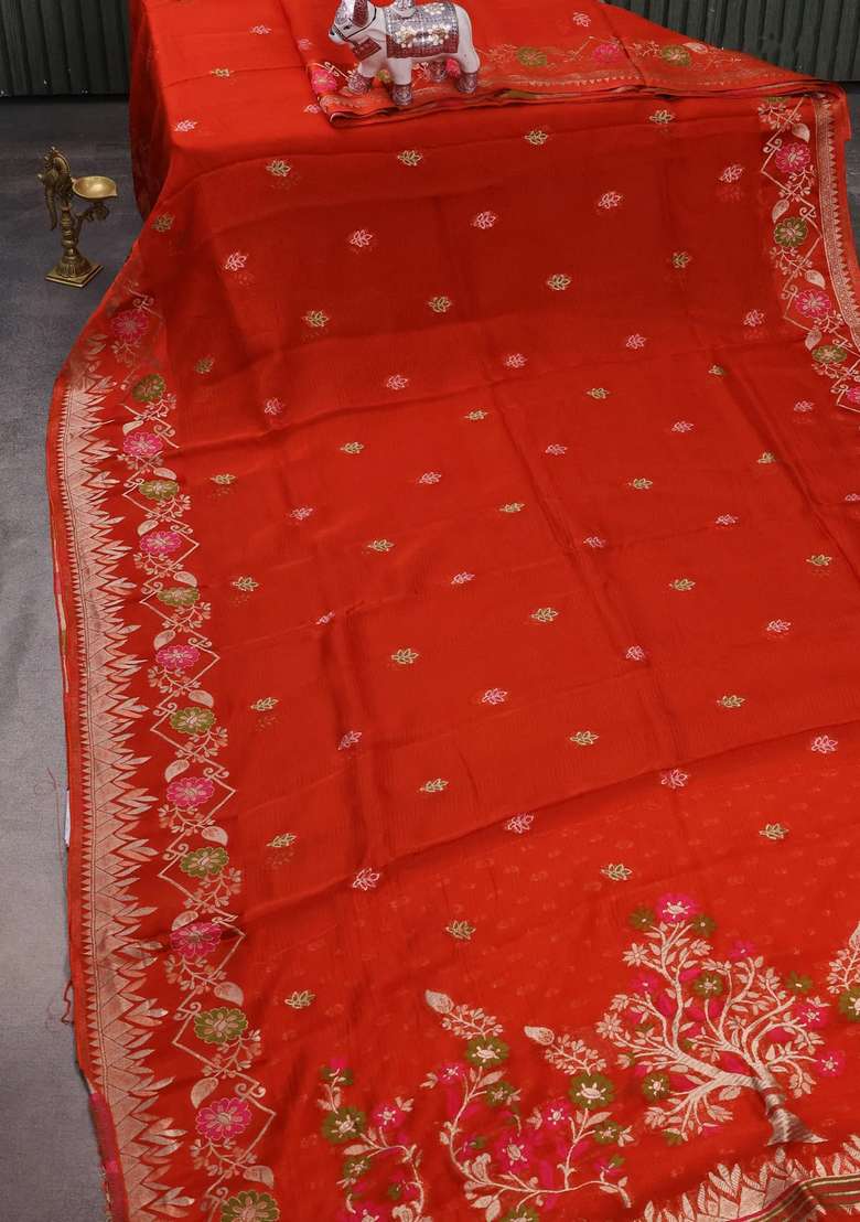 Silk Kota Cotton Saree Rustic Orange With Allover Thread Zari Woven Buttas And Zari Woven Border With Buttas And Brocade Design For Women - Indya