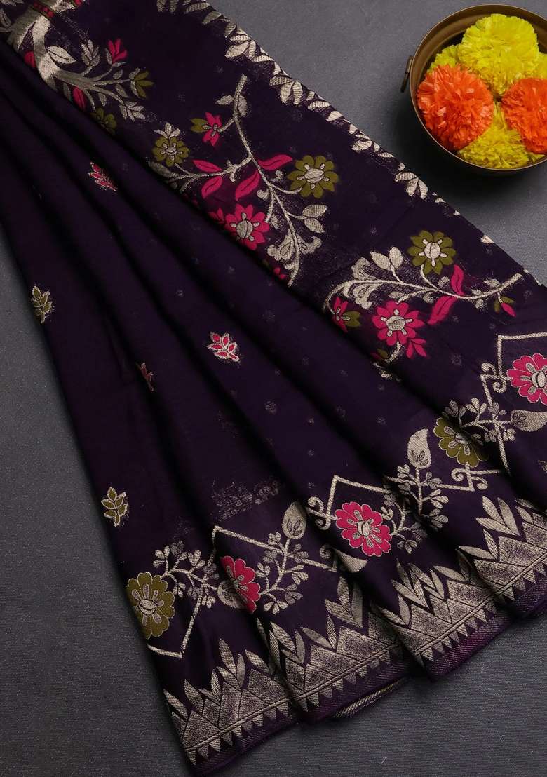 Silk Kota Cotton Saree Deep Violet With Allover Thread Zari Woven Buttas And Zari Woven Border With Buttas And Brocade Design For Women - Indya