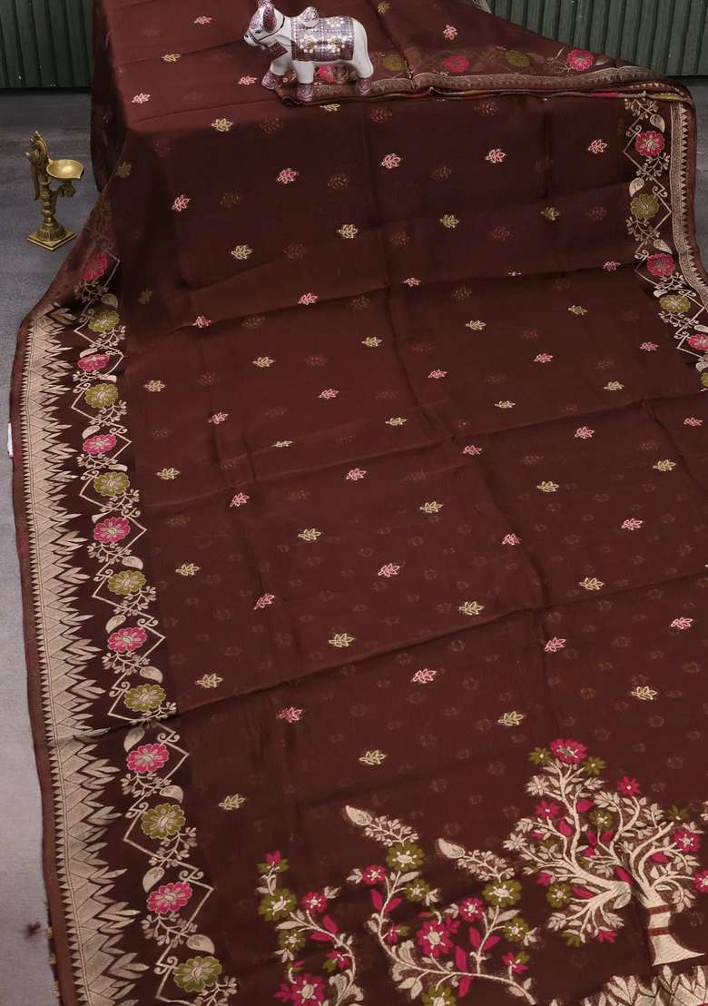 Silk Kota Cotton Saree Coffee Brown With Allover Thread Zari Woven Buttas And Zari Woven Border With Buttas And Brocade Design For Women - Indya