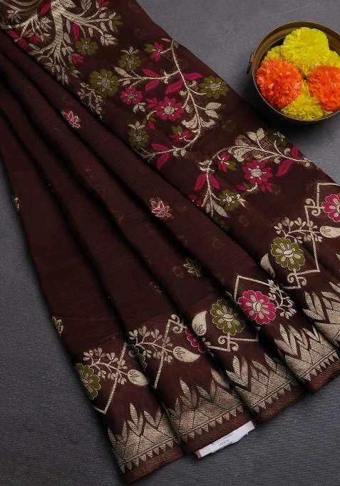 Silk Kota Cotton Saree Coffee Brown With Allover Thread Zari Woven Buttas And Zari Woven Border With Buttas And Brocade Design For Women