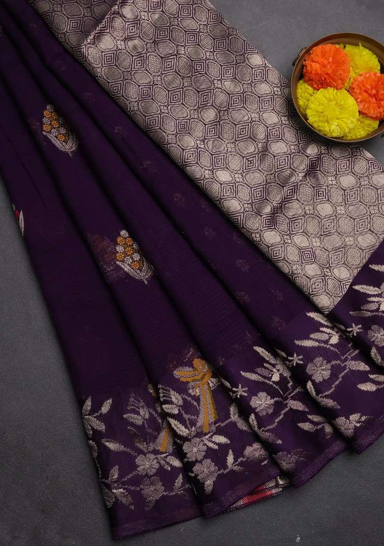 Silk Kota Cotton Saree Deep Violet With Allover Thread Zari Woven Floral Buttas And Zari Woven Border With Buttas And Brocade Design For Women - Indya