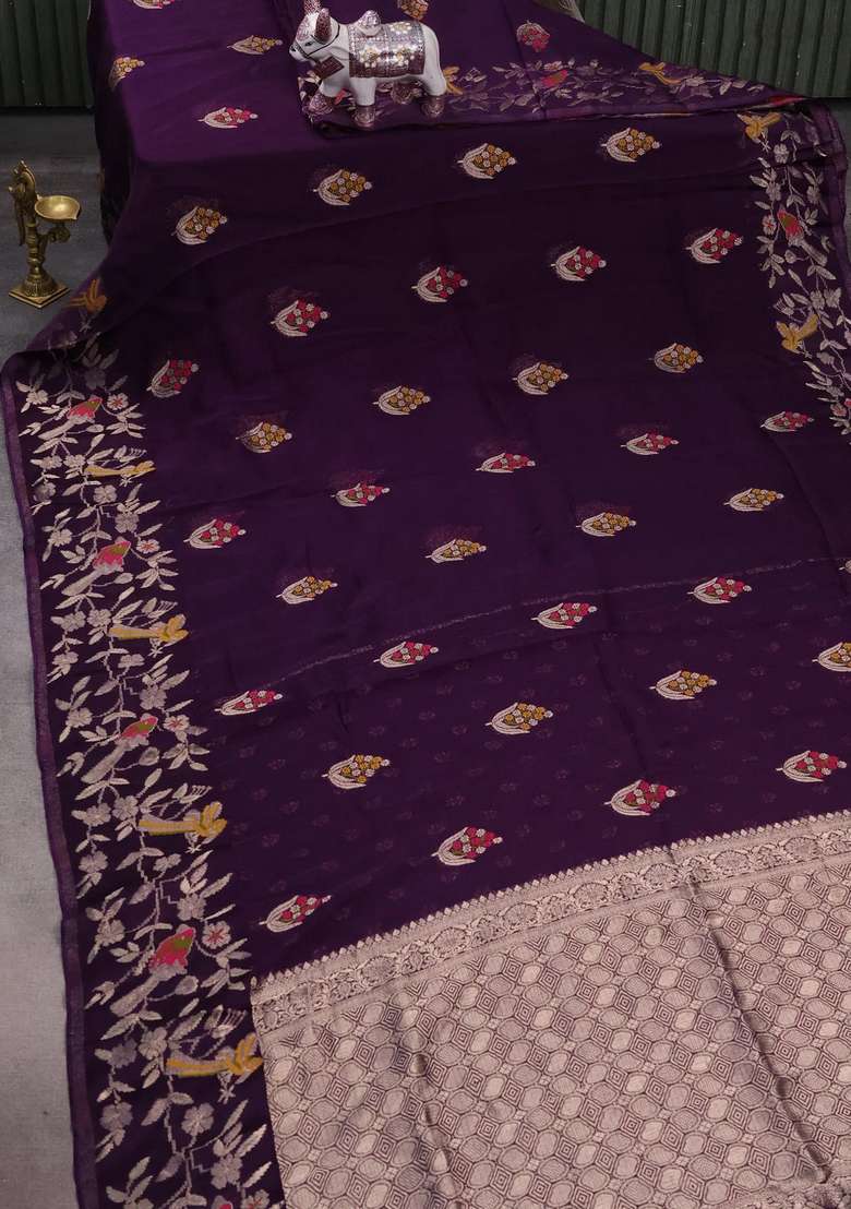 Silk Kota Cotton Saree Deep Violet With Allover Thread Zari Woven Floral Buttas And Zari Woven Border With Buttas And Brocade Design For Women - Indya