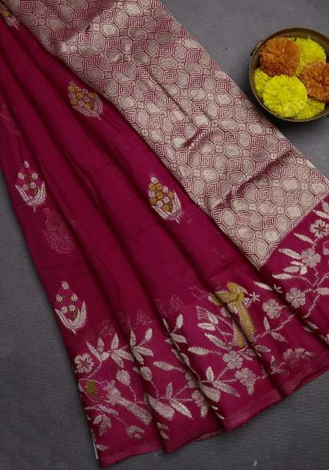 Silk Kota Cotton Saree Pink With Allover Thread Zari Woven Floral Buttas And Zari Woven Border With Buttas And Brocade Design For Women