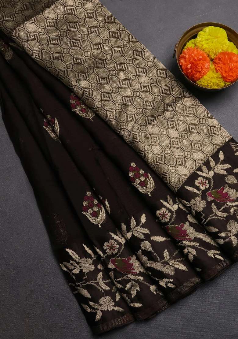 Silk Kota Cotton Saree Coffee Brown With Allover Thread Zari Woven Floral Buttas And Zari Woven Border With Buttas And Brocade Design For Women - Indya