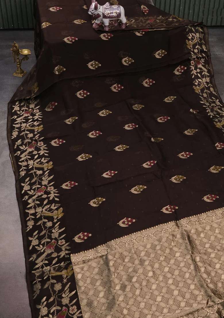 Silk Kota Cotton Saree Coffee Brown With Allover Thread Zari Woven Floral Buttas And Zari Woven Border With Buttas And Brocade Design For Women - Indya