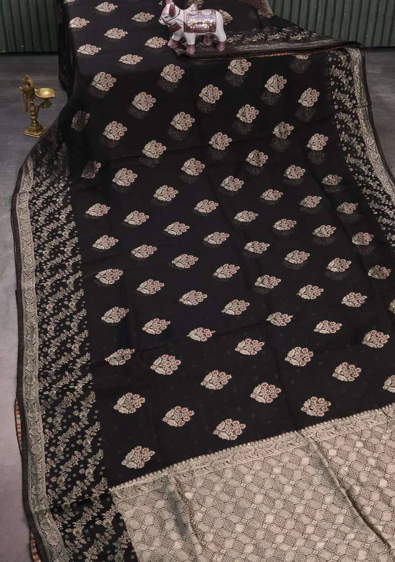 Silk Kota Cotton Saree Black With Allover Thread Zari Woven Floral Buttas And Zari Woven Border With Buttas And Brocade Design For Women - Indya