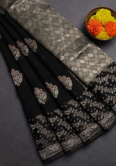 Silk Kota Cotton Saree Black With Allover Thread Zari Woven Floral Buttas And Zari Woven Border With Buttas And Brocade Design For Women