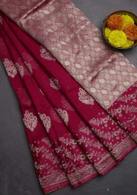 Silk Kota Cotton Saree Pink With Allover Thread Zari Woven Floral Buttas And Zari Woven Border With Buttas And Brocade Design For Women