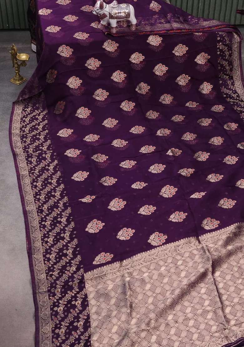 Silk Kota Cotton Saree Deep Violet With Allover Thread Zari Woven Floral Buttas And Zari Woven Border With Buttas And Brocade Design For Women - Indya