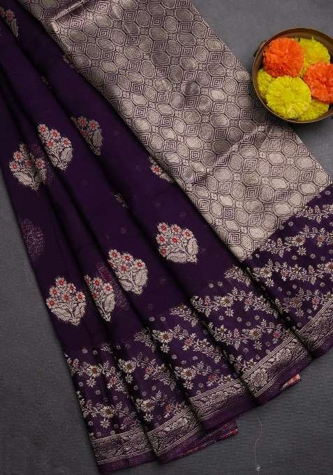 Silk Kota Cotton Saree Deep Violet With Allover Thread Zari Woven Floral Buttas And Zari Woven Border With Buttas And Brocade Design For Women