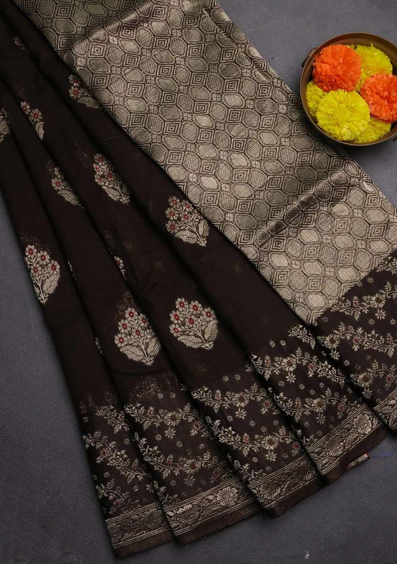 Silk Kota Cotton Saree Coffee Brown With Allover Thread Zari Woven Floral Buttas And Zari Woven Border With Buttas And Brocade Design For Women - Indya