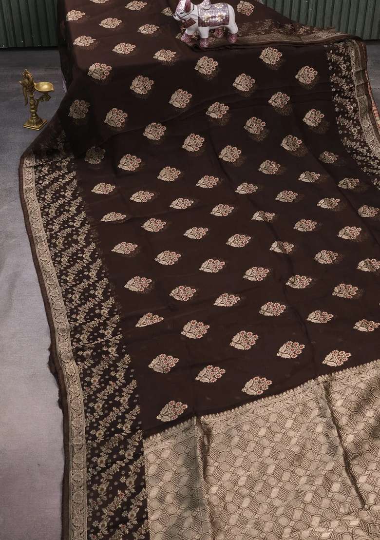 Silk Kota Cotton Saree Coffee Brown With Allover Thread Zari Woven Floral Buttas And Zari Woven Border With Buttas And Brocade Design For Women - Indya