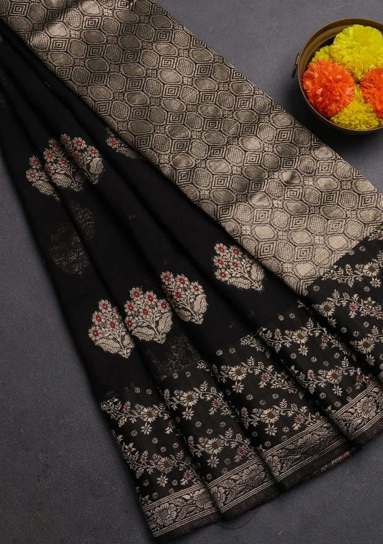 Silk Kota Cotton Saree Black With Allover Thread Zari Woven Floral Buttas And Zari Woven Border With Buttas And Brocade Design For Women - Indya