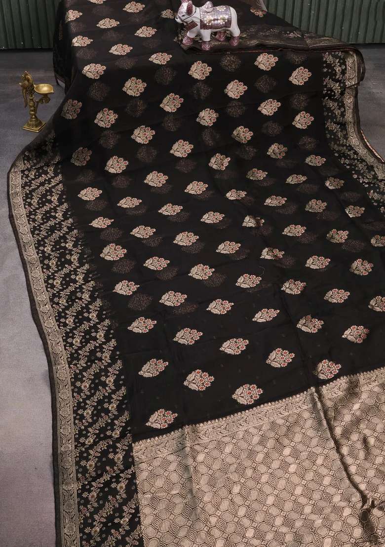 Silk Kota Cotton Saree Black With Allover Thread Zari Woven Floral Buttas And Zari Woven Border With Buttas And Brocade Design For Women - Indya