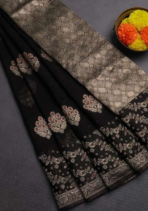 Silk Kota Cotton Saree Black With Allover Thread Zari Woven Floral Buttas And Zari Woven Border With Buttas And Brocade Design For Women