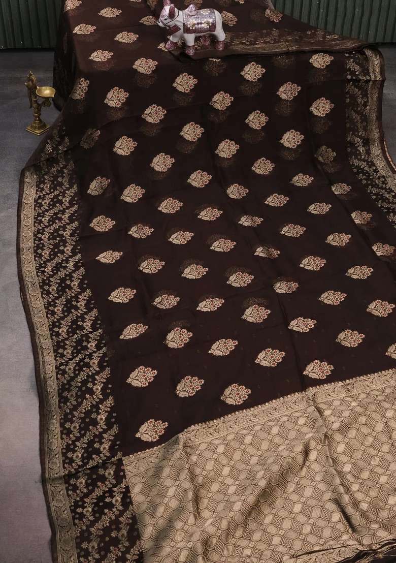 Silk Kota Cotton Saree Coffee Brown With Allover Thread Zari Woven Floral Buttas And Zari Woven Border With Buttas And Brocade Design For Women - Indya