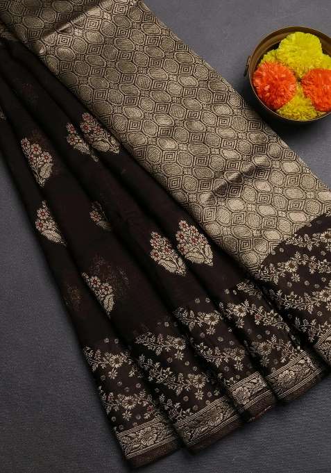 Silk Kota Cotton Saree Coffee Brown With Allover Thread Zari Woven Floral Buttas And Zari Woven Border With Buttas And Brocade Design For Women