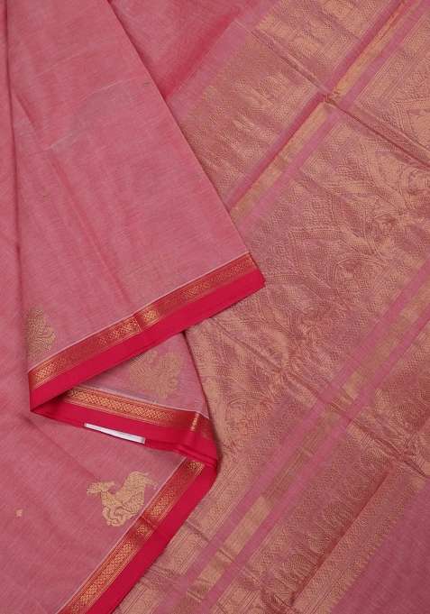 Kanchi Cotton Saree Pink Shade And Pink With Zari Woven Buttas And Zari Woven Border With Buttas And Brocade Design For Women