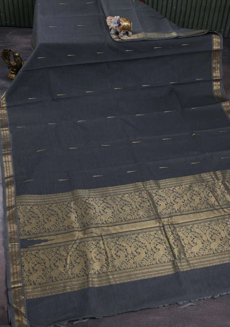 Kanchi Cotton Saree Dark Grey With Zari Woven Buttas And Zari Woven Border With Buttas And Brocade Design For Women - Indya