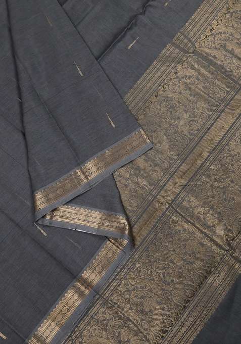 Kanchi Cotton Saree Dark Grey With Zari Woven Buttas And Zari Woven Border With Buttas And Brocade Design For Women