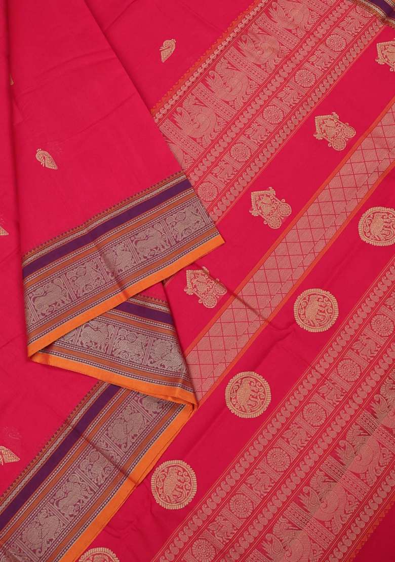 Kanchi Cotton Saree Pink And Mustard Yellow With Thread Woven Buttas And Thread Woven Border With Buttas And Brocade Design For Women - Indya