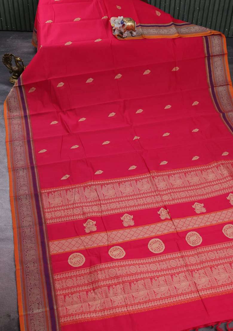 Kanchi Cotton Saree Pink And Mustard Yellow With Thread Woven Buttas And Thread Woven Border With Buttas And Brocade Design For Women - Indya