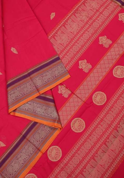Kanchi Cotton Saree Pink And Mustard Yellow With Thread Woven Buttas And Thread Woven Border With Buttas And Brocade Design For Women