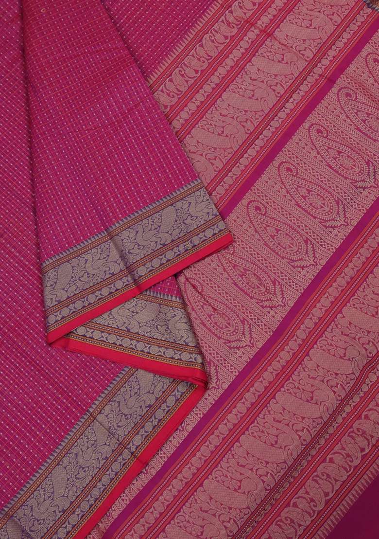 Kanchi Cotton Saree Magenta Pink With Allover Thread Checks Buttas And Thread Woven Border With Buttas And Brocade Design For Women - Indya