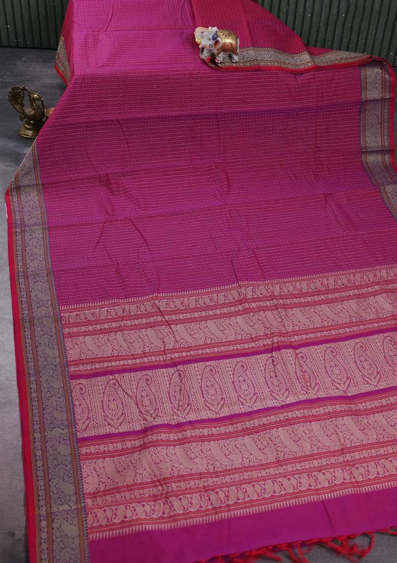 Kanchi Cotton Saree Magenta Pink With Allover Thread Checks Buttas And Thread Woven Border With Buttas And Brocade Design For Women - Indya