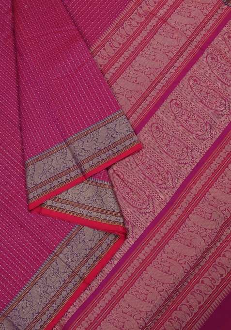 Kanchi Cotton Saree Magenta Pink With Allover Thread Checks Buttas And Thread Woven Border With Buttas And Brocade Design For Women