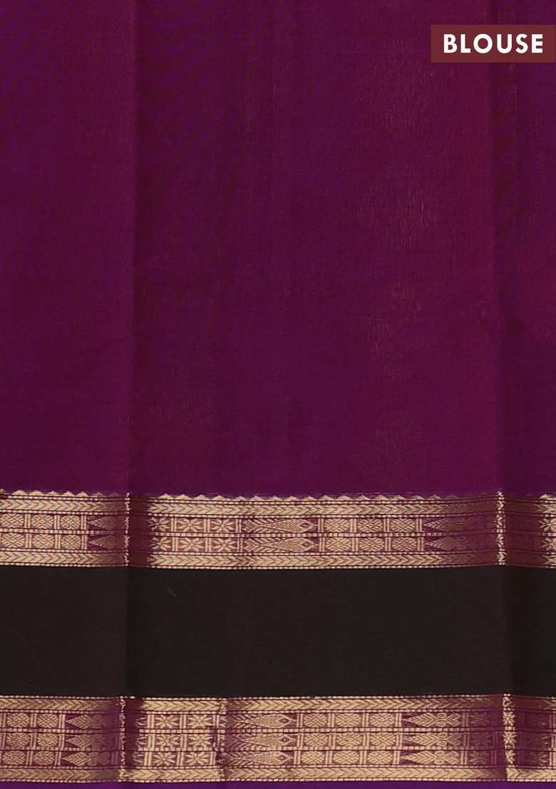 Kanchi Cotton Saree Purple And Mathulir Green With Zari Woven Buttas And Long Rettapet Zari Woven Border With Buttas And Brocade Design For Women - Indya