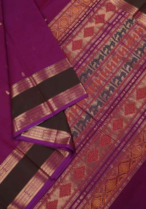 Kanchi Cotton Saree Purple And Mathulir Green With Zari Woven Buttas And Long Rettapet Zari Woven Border With Buttas And Brocade Design For Women