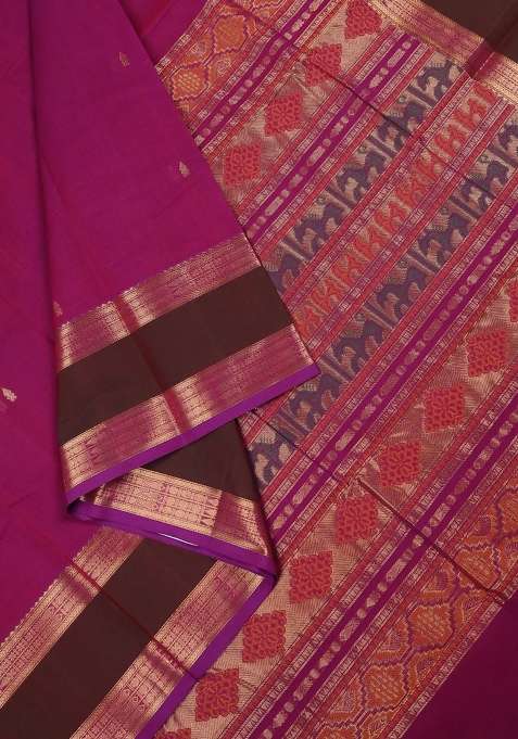 Kanchi Cotton Saree Magenta Pink And Purple With Zari Woven Buttas And Long Rettapet Zari Woven Border With Buttas And Brocade Design For Women