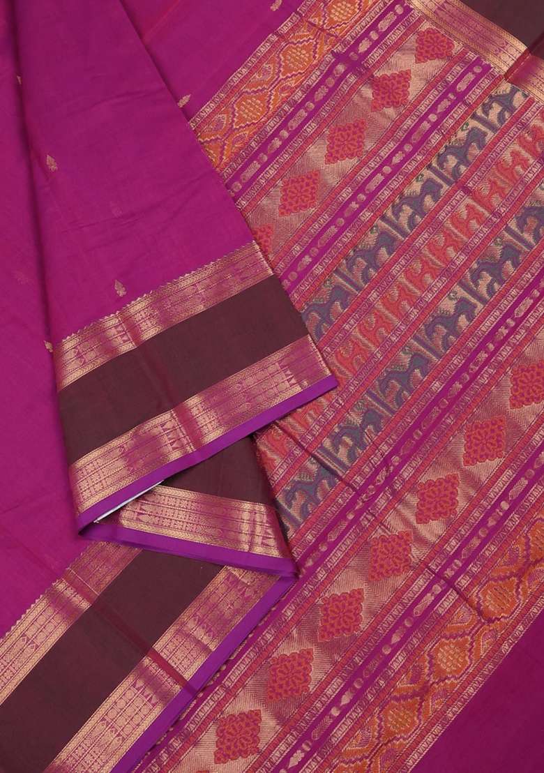Kanchi Cotton Saree Purple Shade And Dual Shade Of Greenish Pink With Zari Woven Buttas And Rettapet Zari With Buttas And Brocade Design For Women - Indya