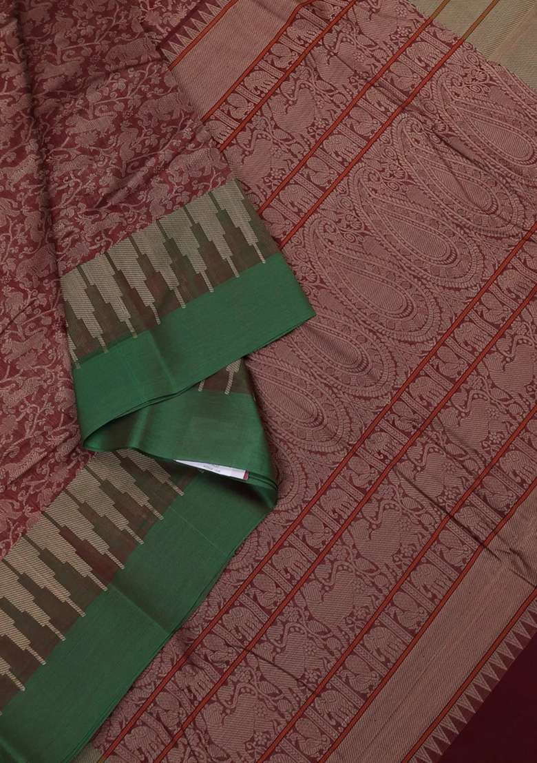 Kanchi Cotton Saree Brown And Green With Allover Vanasingaram Thread Weaves And Temple Design Simple With Korvai And Temple Border Design For Women - Indya