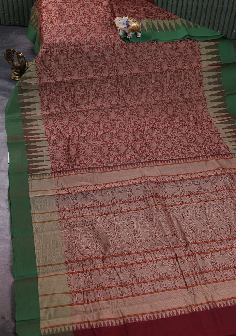 Kanchi Cotton Saree Brown And Green With Allover Vanasingaram Thread Weaves And Temple Design Simple With Korvai And Temple Border Design For Women - Indya