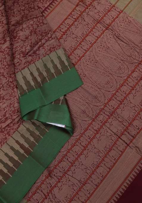 Kanchi Cotton Saree Brown And Green With Allover Vanasingaram Thread Weaves And Temple Design Simple With Korvai And Temple Border Design For Women