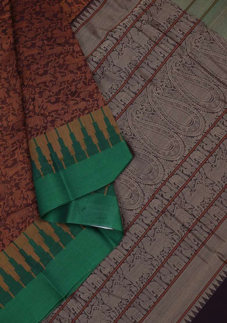 Kanchi Cotton Saree Coffee Brown And Green With Allover Vanasingaram Thread Weaves And Temple Design With Korvai And Temple Border Design For Women - Indya