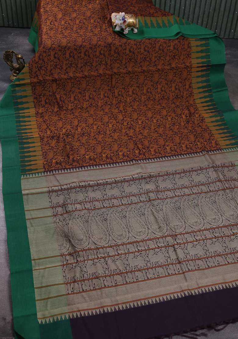 Kanchi Cotton Saree Coffee Brown And Green With Allover Vanasingaram Thread Weaves And Temple Design With Korvai And Temple Border Design For Women - Indya