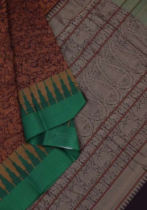 Kanchi Cotton Saree Coffee Brown And Green With Allover Vanasingaram Thread Weaves And Temple Design With Korvai And Temple Border Design For Women