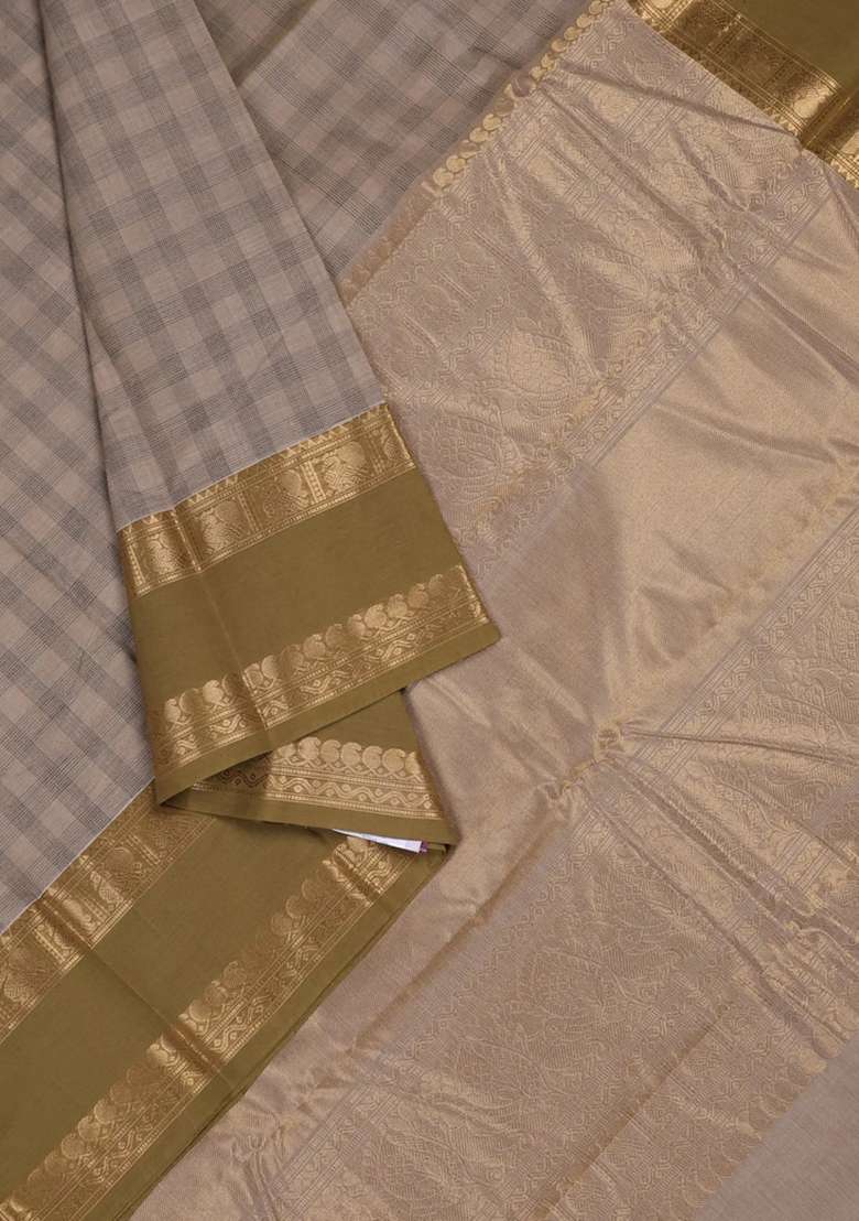 Kanchi Cotton Saree Beige And Mehendi Green With Allover Thread Woven Checked Pattern And Rettapet Zari Woven With Checks And Stripes Design For Women - Indya