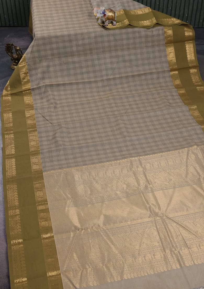 Kanchi Cotton Saree Beige And Mehendi Green With Allover Thread Woven Checked Pattern And Rettapet Zari Woven With Checks And Stripes Design For Women - Indya