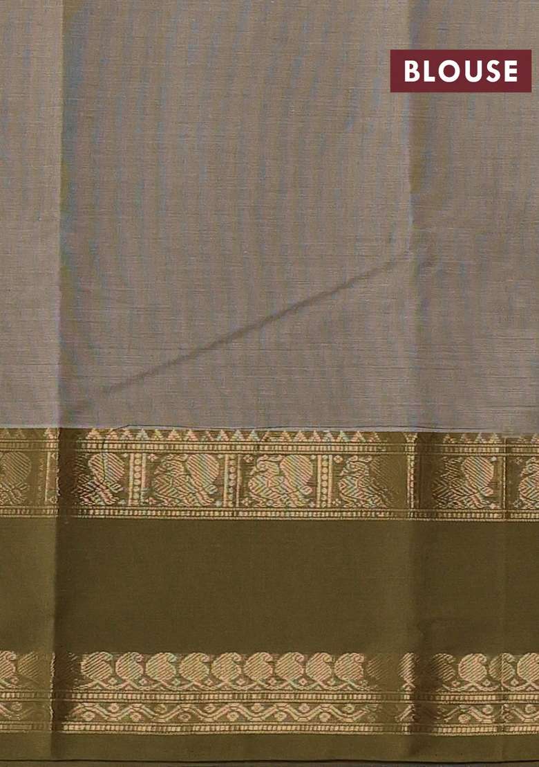 Kanchi Cotton Saree Beige And Mehendi Green With Allover Thread Woven Checked Pattern And Rettapet Zari Woven With Checks And Stripes Design For Women - Indya