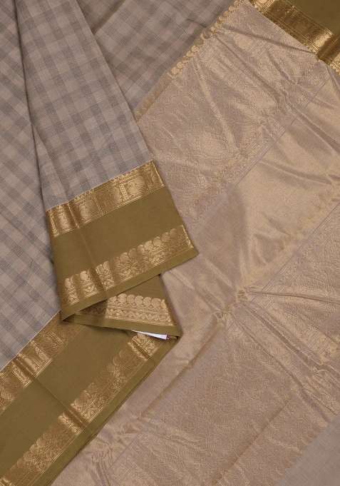 Kanchi Cotton Saree Beige And Mehendi Green With Allover Thread Woven Checked Pattern And Rettapet Zari Woven With Checks And Stripes Design For Women