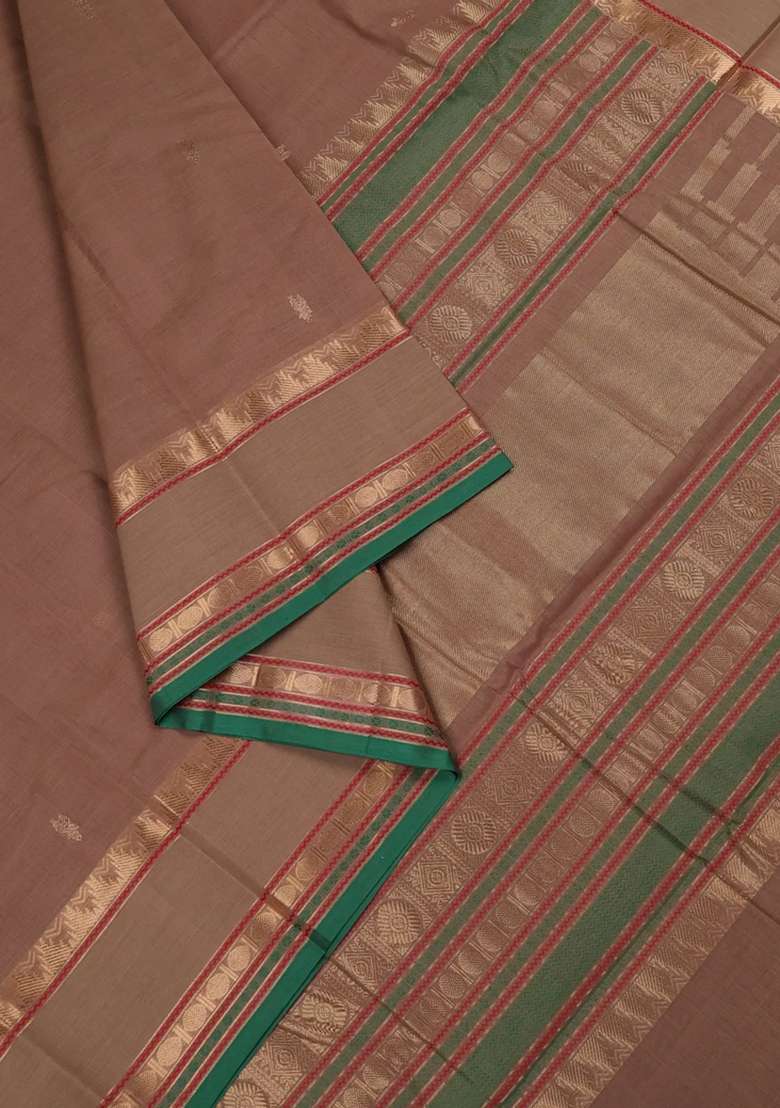 Kanchi Cotton Saree Sandal And Green With Zari Woven Buttas And Rettapet Zari Woven Border With Buttas And Brocade Design For Women - Indya