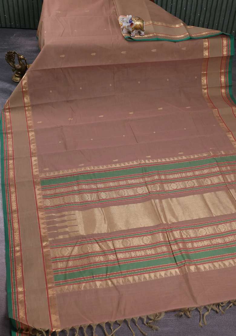 Kanchi Cotton Saree Sandal And Green With Zari Woven Buttas And Rettapet Zari Woven Border With Buttas And Brocade Design For Women - Indya