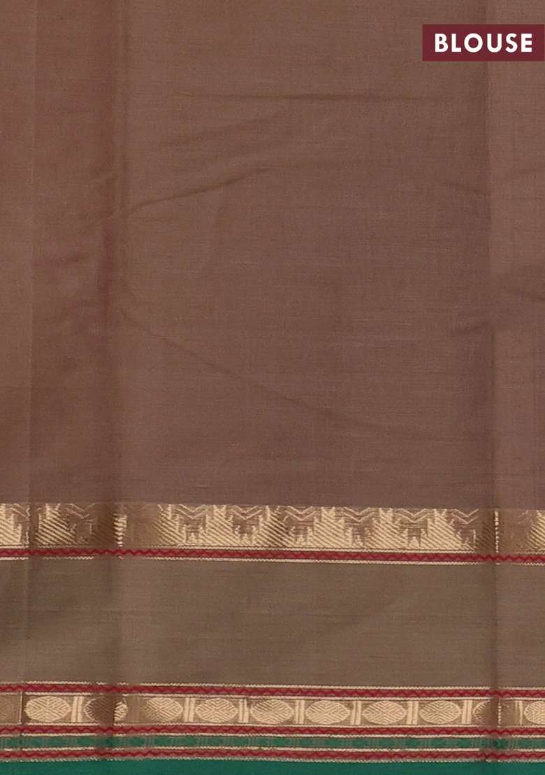 Kanchi Cotton Saree Sandal And Green With Zari Woven Buttas And Rettapet Zari Woven Border With Buttas And Brocade Design For Women - Indya