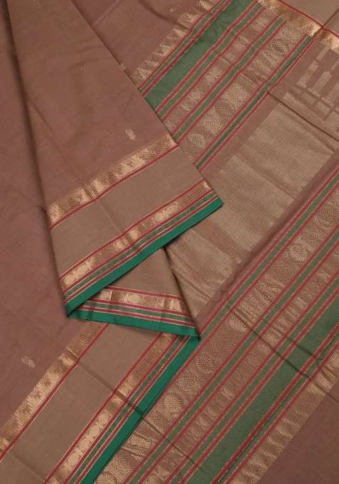 Kanchi Cotton Saree Sandal And Green With Zari Woven Buttas And Rettapet Zari Woven Border With Buttas And Brocade Design For Women